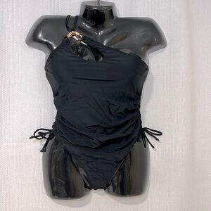 One Shoulder Cutout One Piece Ruched Bathing Suit with adjustable ties‎ - Small